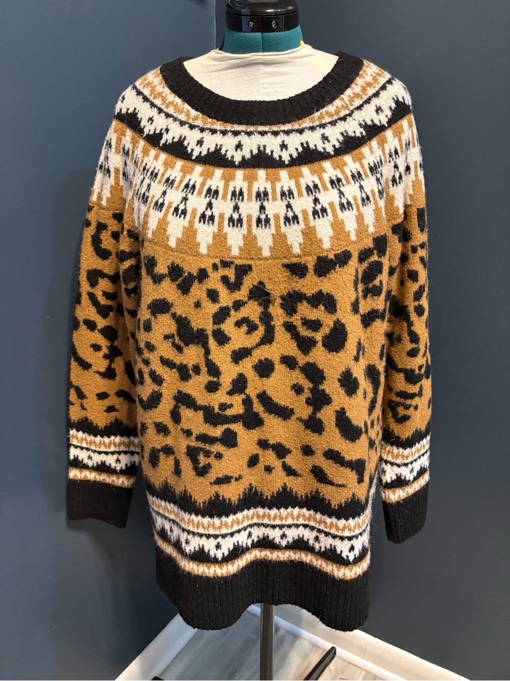 torrid Leopard Fair Isle Crewneck Sweater in Mustard, Black & White
